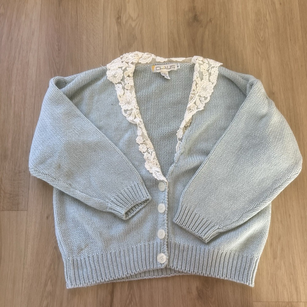 Vintage Chaus Blue Knitted Cardigan Women's Medium Cottagecore Silk‎